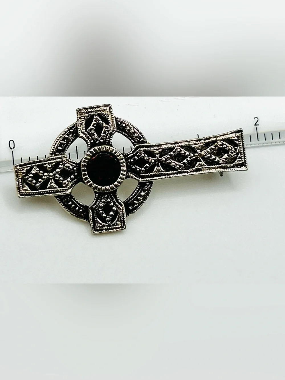 Vintage Celtic Gothic Cross Irish Knotwork Purple Crystal Rhinestone Pin Brooch